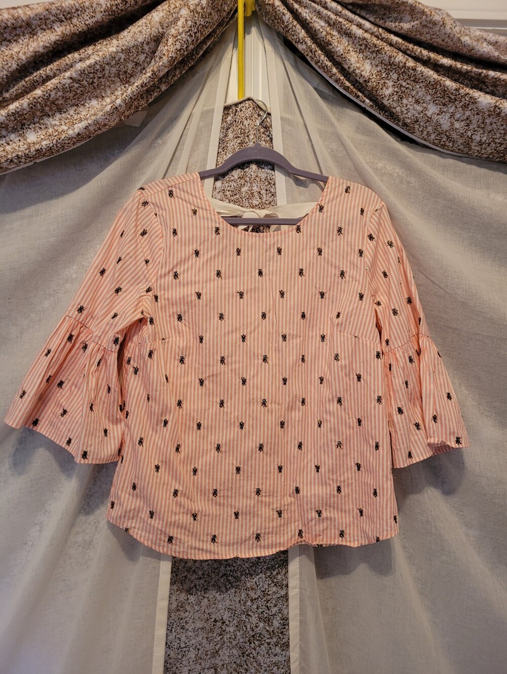 Jane and Delancey Pink Striped Bell-Sleeve Blouse with Black Motif
